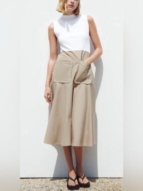 Zara White Top with Beige Midi Skirt - A-Line Pocket Detail Dress